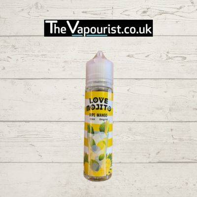 KOV Love Mojito Ripe Mango 50ml vape juice with tropical mango and cool mojito flavor, displayed in a yellow bottle on wood background.