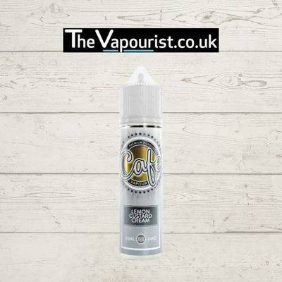 Cafe Vapour Lemon Custard Cream 50ml e-liquid bottle featuring a dessert vape blend of lemon curd, vanilla custard, and biscuit base.