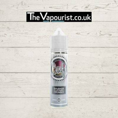 Cafe Vapour Rhubarb Custard Crumble 50ml e-liquid bottle with branding, offering a nostalgic dessert vape flavor for vaporizers and e-cigarettes.