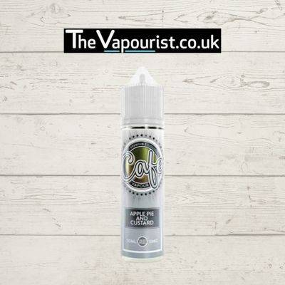 Cafe Vapour Apple Pie and Custard 50ml dessert vape e-liquid bottle with branding, ideal for vaporizer users seeking a sweet, creamy flavor.