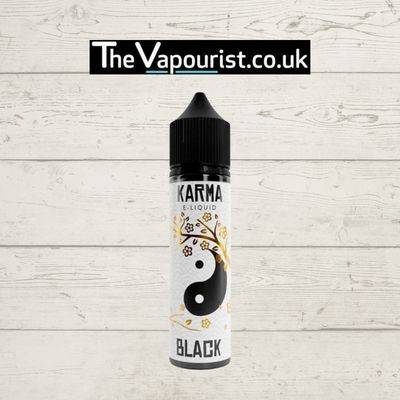 Karma Black Blackcurrant & Raspberry 50ml vape juice bottle with yin-yang design, offering a bold, fruity vape flavor blend of berries.
