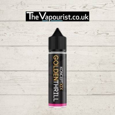 Vampire Vape Koncept XIX Golden Thrill 50ml e-liquid bottle with tropical mango flavor, displayed against a white wooden background.