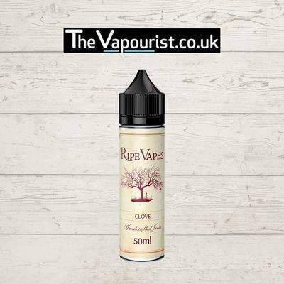 Ripe Vapes Clove 50ml e-liquid bottle with black cap, featuring a rustic label design. Offers a spicy clove infusion with warm undertones.