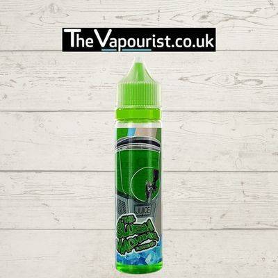 The Slush Machine Green Slush 50ml vape juice with refreshing green slush flavour, displayed in a green-tinted bottle on wood background.