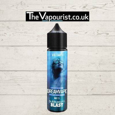 Dreamvape Mix 3 Bubblegum Blast 50ml e-liquid with a vibrant blue label, offering a sugary and smooth pink bubblegum flavour for vaporizers.