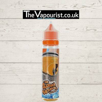The Slush Machine Orange Slush 50ml vape juice bottle with tangy orange slush flavor, featured on a rustic wood background for TheVapourist.co.uk.