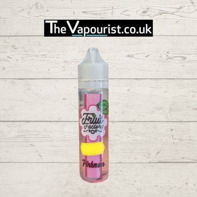 Fruit Factory Pinkman 50ml vape juice with sweet and tangy tropical fruit flavors, displayed in a clear bottle with vibrant pink label design.