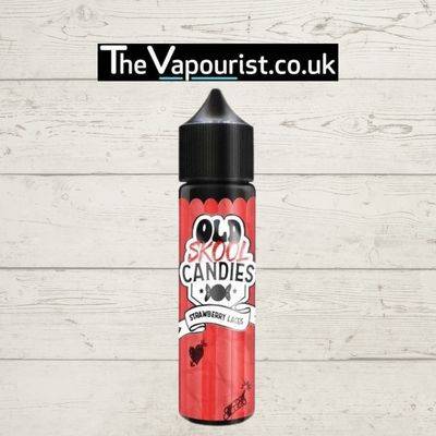 Old Skool Candies Strawberry Laces 50ml vape juice bottle with red label, featuring sweet strawberry lace flavor for vaporizers and e-cigarettes.