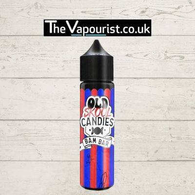 Old Skool Candies Bam Bar 50ml vape juice with sweet, candy bar flavour in a red and blue striped bottle, ideal for nostalgic vaping experiences.