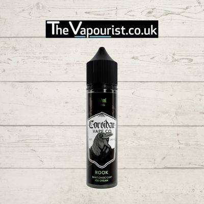 Corvidae Rook 50ml vape juice bottle featuring a mint choc chip ice cream flavor with a creamy vanilla and mint base. Ideal for dessert vape lovers.