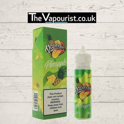Vapelicious Pineapple 50ml vape juice with bold tropical pineapple flavor, shown with branded box and bottle on rustic wood background.