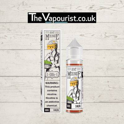 Charlies Chalk Dust Aunt Meringue 50ml dessert e-liquid bottle and packaging featuring vintage-style artwork, ideal for vaporizer enthusiasts.