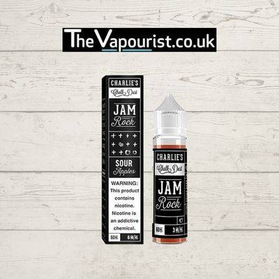 Black Label Jam Rock 50ml e-liquid by Charlie's Chalk Dust with sour apple flavor, shown with branded box and bottle on wood background.