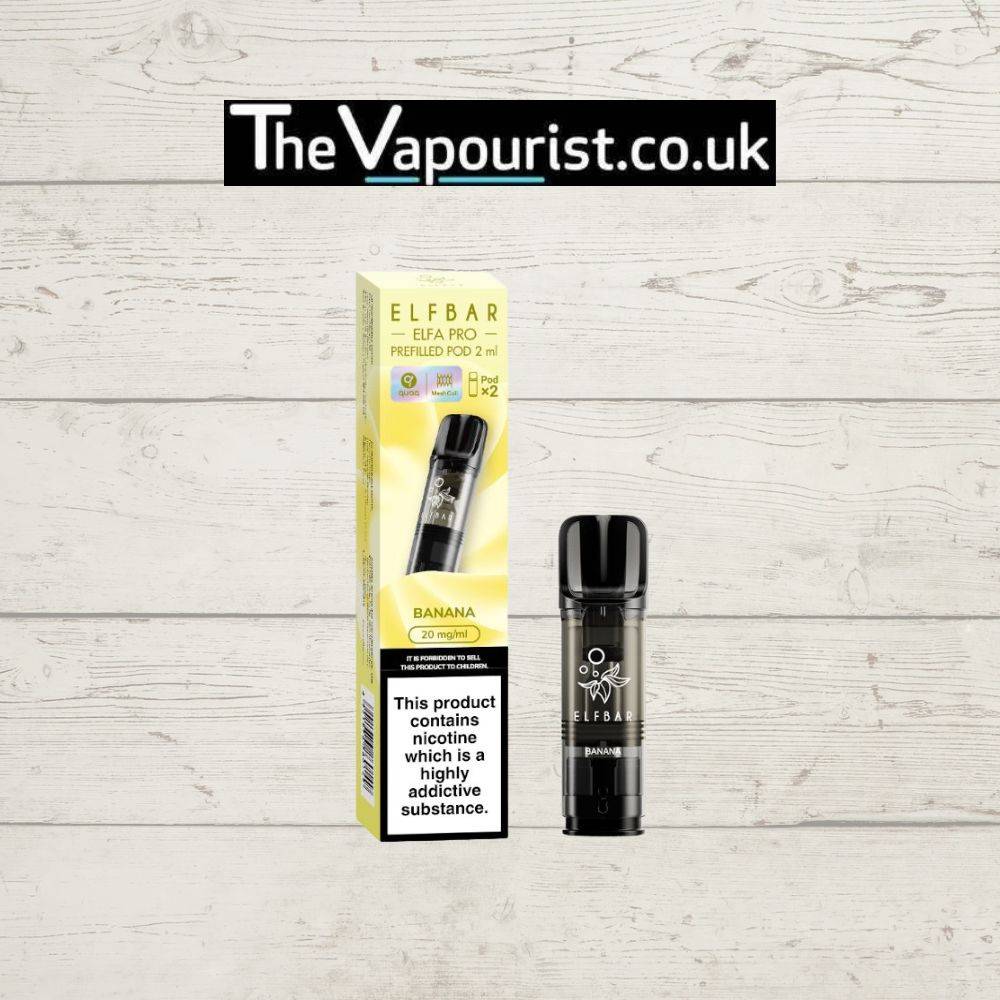 ELFBAR ELFA Pods Banana 20mg prefilled vape pod with creamy banana flavor, shown with packaging and compatible ELFA Pro device.