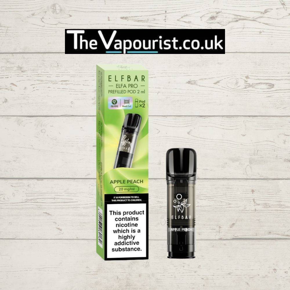 ELFBAR ELFA Pro Pods Apple Peach 2ml e-liquid with nic salt, shown with packaging and pod. Compatible with ELFA Pro vape devices.
