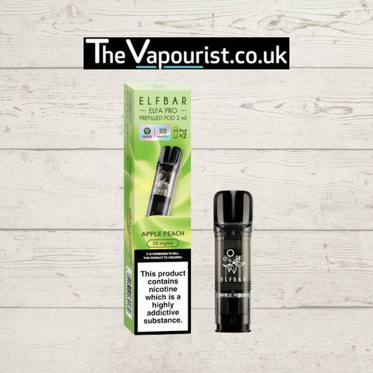 ELFBAR ELFA Pro Pods Apple Peach 2ml e-liquid with nic salt, shown with packaging and pod. Compatible with ELFA Pro vape devices.