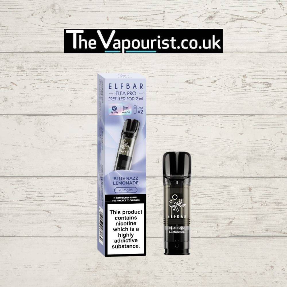 ELFBAR ELFA Pro Pods Blue Razz Lemonade Vape 2 Pack with 20mg nicotine, featuring fruity blue raspberry and lemonade flavor. Compatible with ELFA Pro devices.