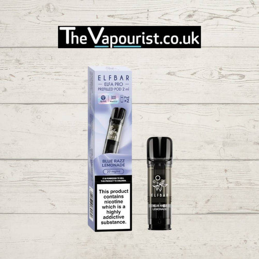 ELFBAR ELFA Pro Pods Blue Razz Lemonade Vape 2 Pack with 20mg nicotine, featuring fruity blue raspberry and lemonade flavor. Compatible with ELFA Pro devices.