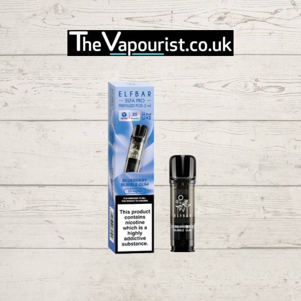 ELFBAR ELFA Pro Blueberry Bubblegum Pods 2-Pack 20mg with sleek packaging and single vape pod, ideal for ELFA Pro devices and nicotine satisfaction.