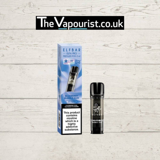 ELFBAR ELFA Pro Blueberry Bubblegum Pods 2-Pack 20mg with sleek packaging and single vape pod, ideal for ELFA Pro devices and nicotine satisfaction.