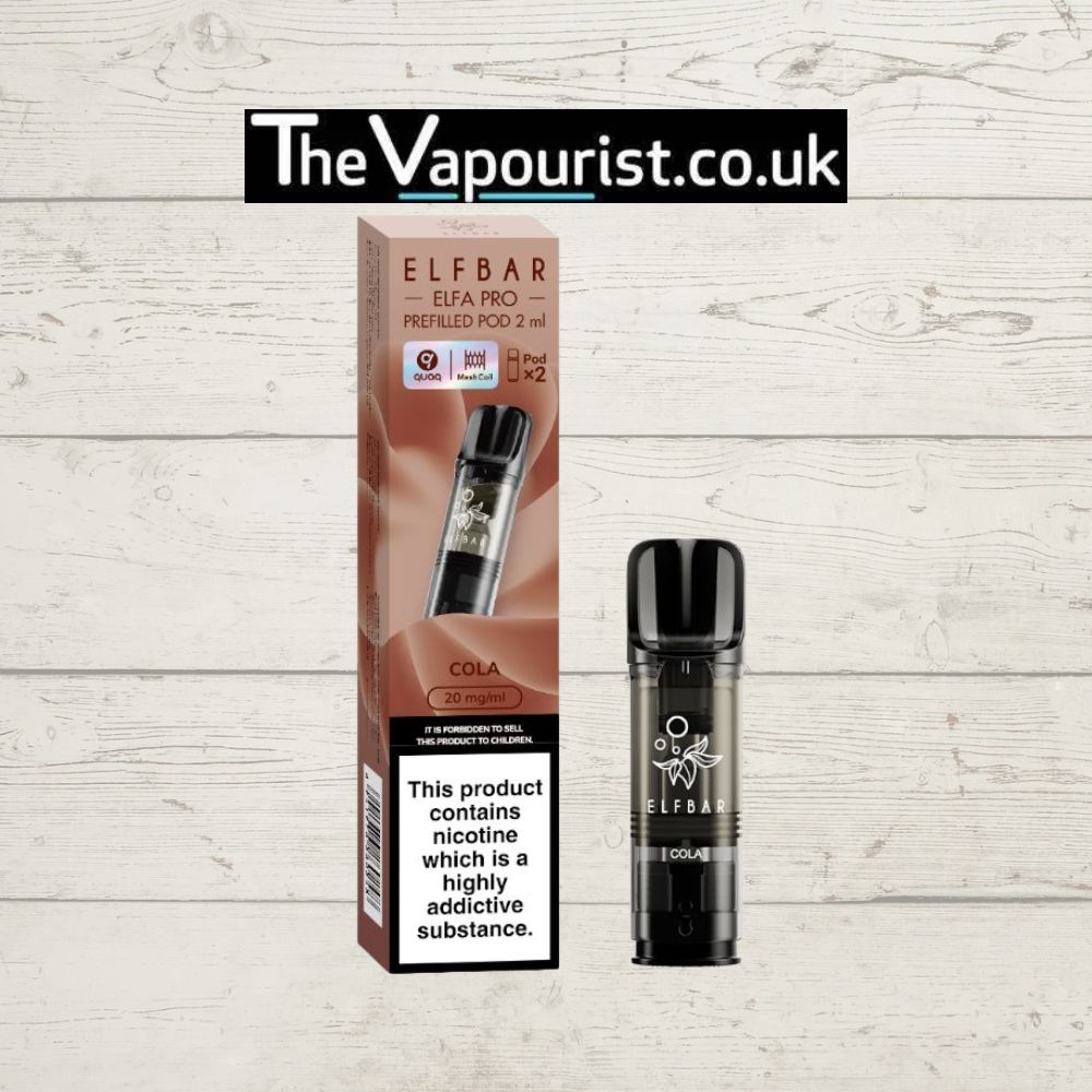 ELFBAR ELFA Pro Pods Cherry Cola twin pack featuring 20mg nicotine salt e-liquid, compatible with ELFA Pro and ELFA devices for smooth vaping.