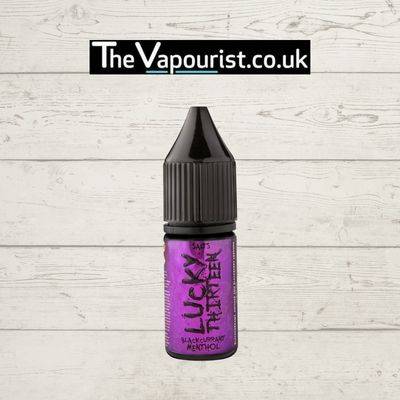 Lucky 13 Nic Salts Blackcurrant Menthol vape juice bottle with purple label, offering a fruity and refreshing blackcurrant menthol flavor.
