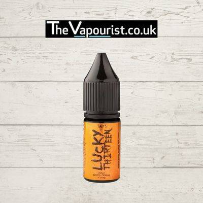 Lucky 13 Nic Salts Mango, Orange & Lychee vape juice bottle with bold orange label, offering an exotic and refreshing tropical flavor blend.
