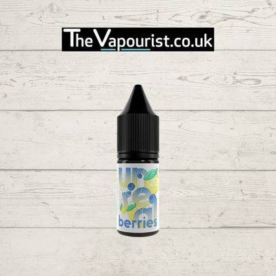 Unreal Berries Salts Blueberry Lemon - Tangy & Smooth Vape e-liquid bottle with black cap, displayed against a white wooden background.