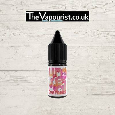 Unreal Berries Salts Raspberry Rhubarb vape juice bottle with black cap, featuring fruity label design. Tart, sweet & smooth flavor for vaporizers.