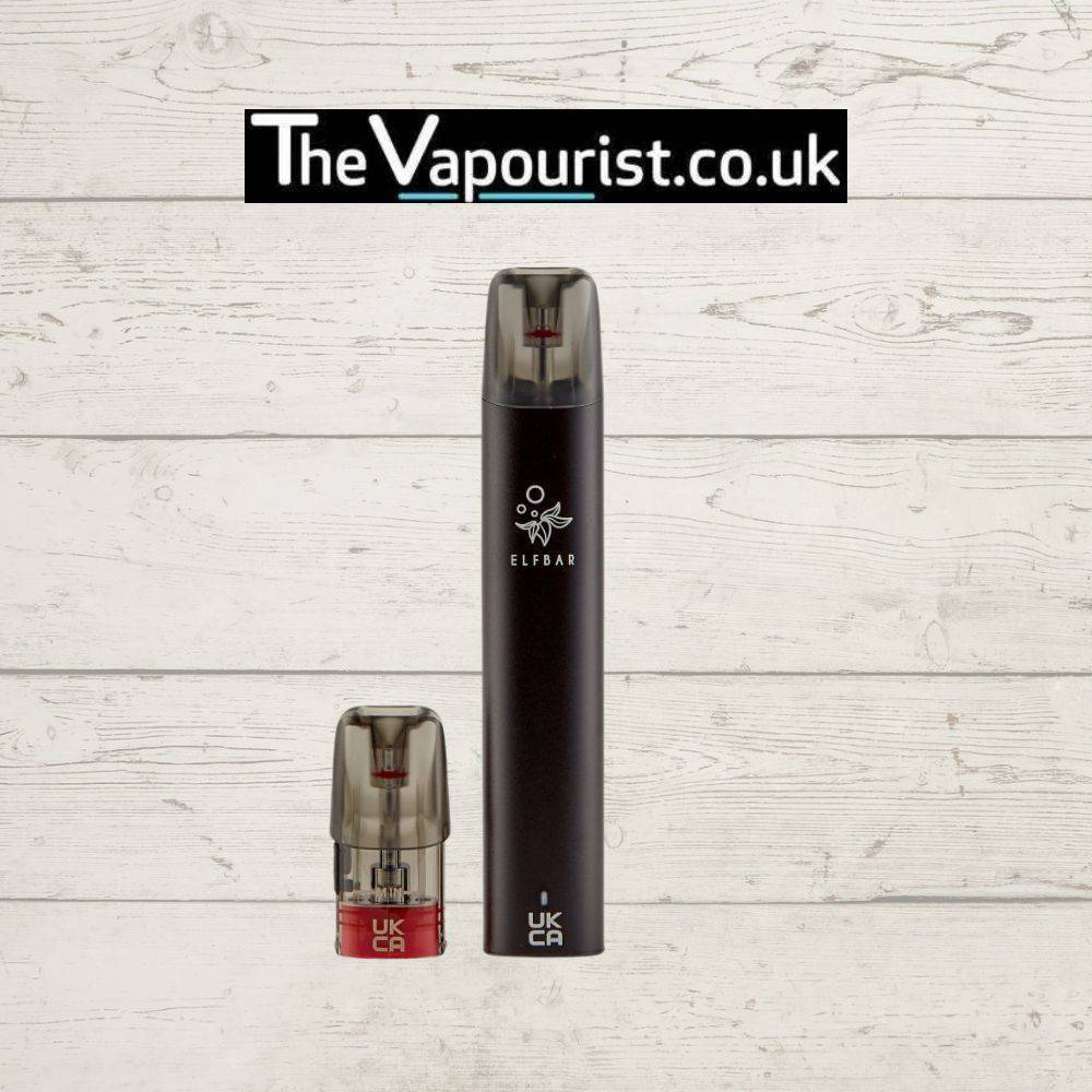 Black ELFBAR Mate 500 Battery Device with ELFBAR P1 pod, compatible vape battery shown on wood background for TheVapourist.co.uk.