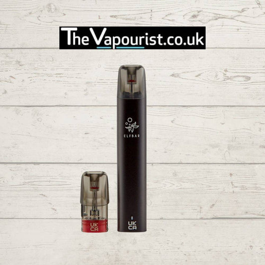 Black ELFBAR Mate 500 Battery Device with ELFBAR P1 pod, compatible vape battery shown on wood background for TheVapourist.co.uk.