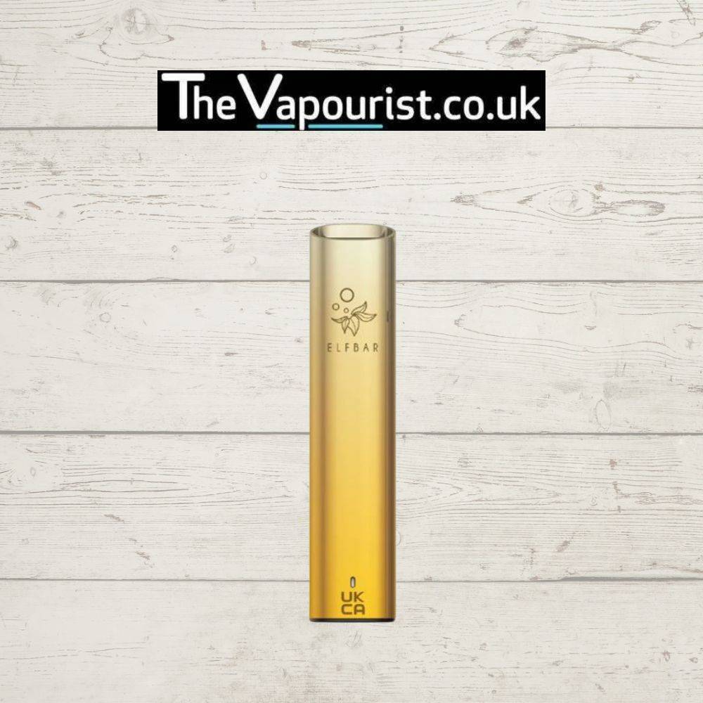 Gold ELFBAR Mate 500 Battery Device, compact and elegant vape battery for use with ELFBAR P1 pods, featured by TheVapourist.co.uk.