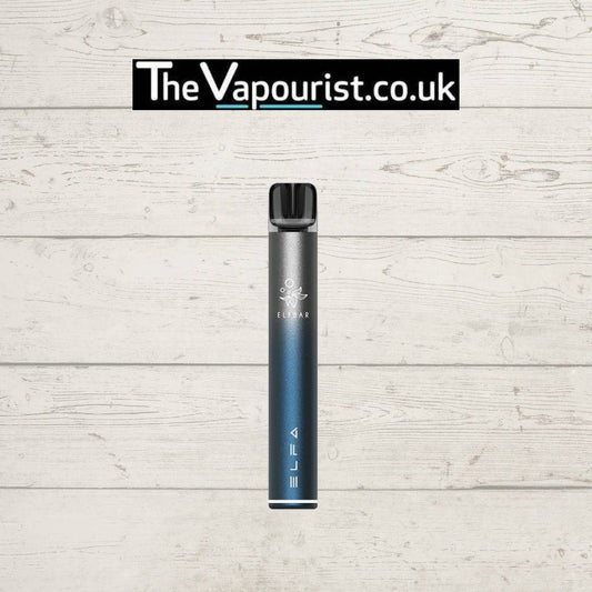 ELFBAR ELFA Pro Pod Kit Navy Blue (Blueberry Sour Raspberry) vape device with gradient blue finish, displayed against a white wooden background.