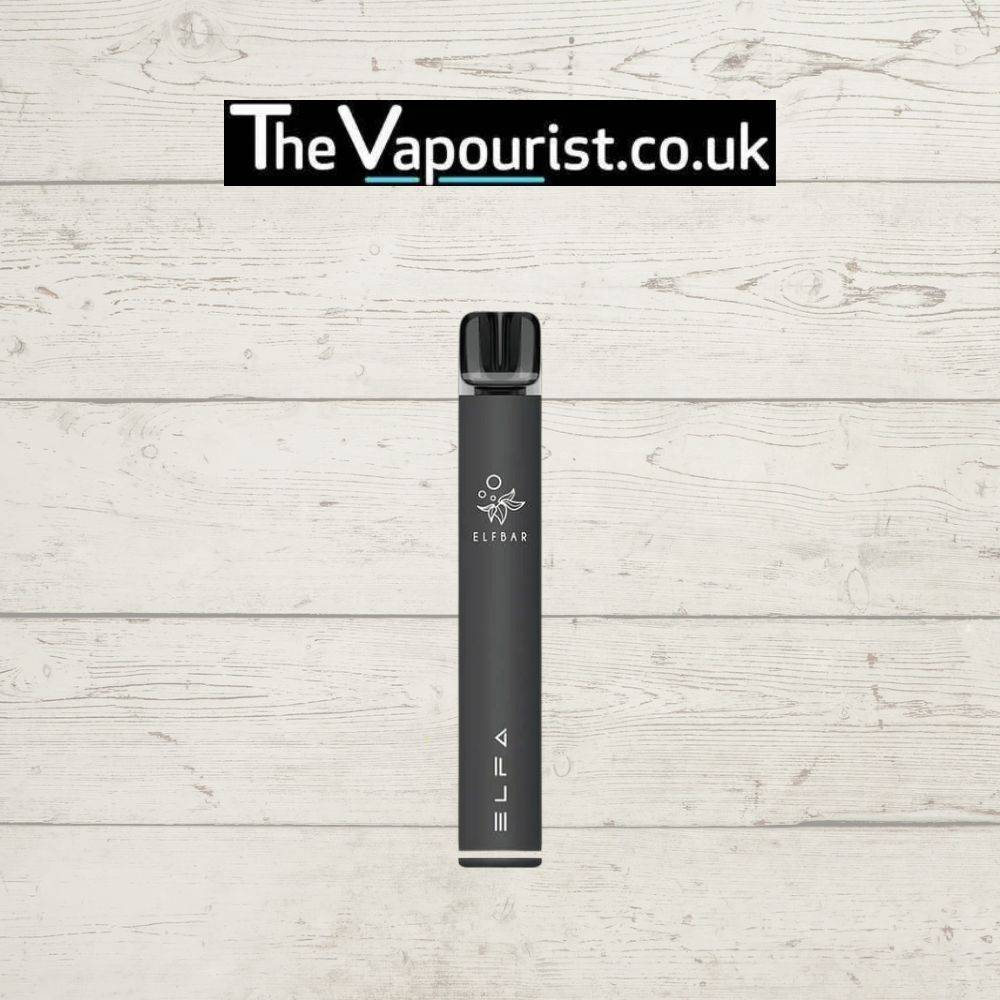 ELFBAR ELFA Pro Pod Kit Black (Blue Razz Lemonade) sleek vape device with minimalist design, displayed on rustic white wood background.