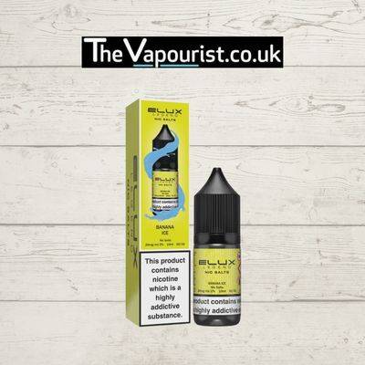 ELUX Legend Nic Salts Banana Ice vape juice with packaging, featuring a 10ml bottle and box design. Flavor blends ripe banana and crisp menthol.