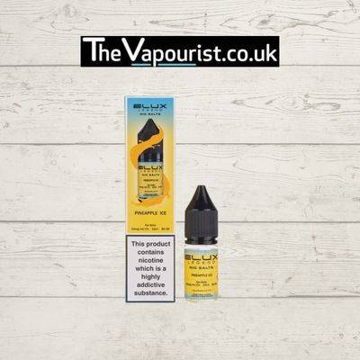 ELUX Legend Nic Salts Pineapple Ice e-liquid bottle and packaging with tropical yellow design, offering a sweet and refreshingly cool vape flavor.
