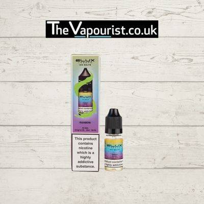 ELUX Legend Nic Salts Rainbow vape juice with fruity candy flavour, shown with packaging and bottle. Available in 3 for £10 deal at The Vapourist.