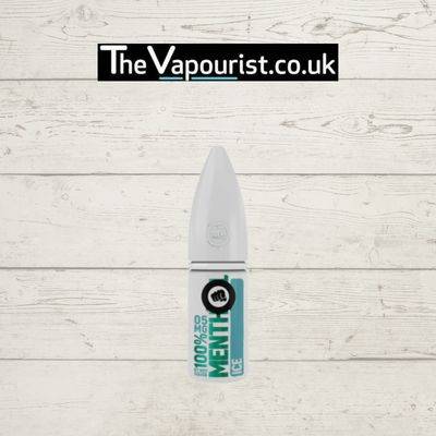 Riot Salt Menthol Ice 100% vape bottle with sleek white design and bold teal text, featured on TheVapourist.co.uk for a clean, crisp menthol hit.