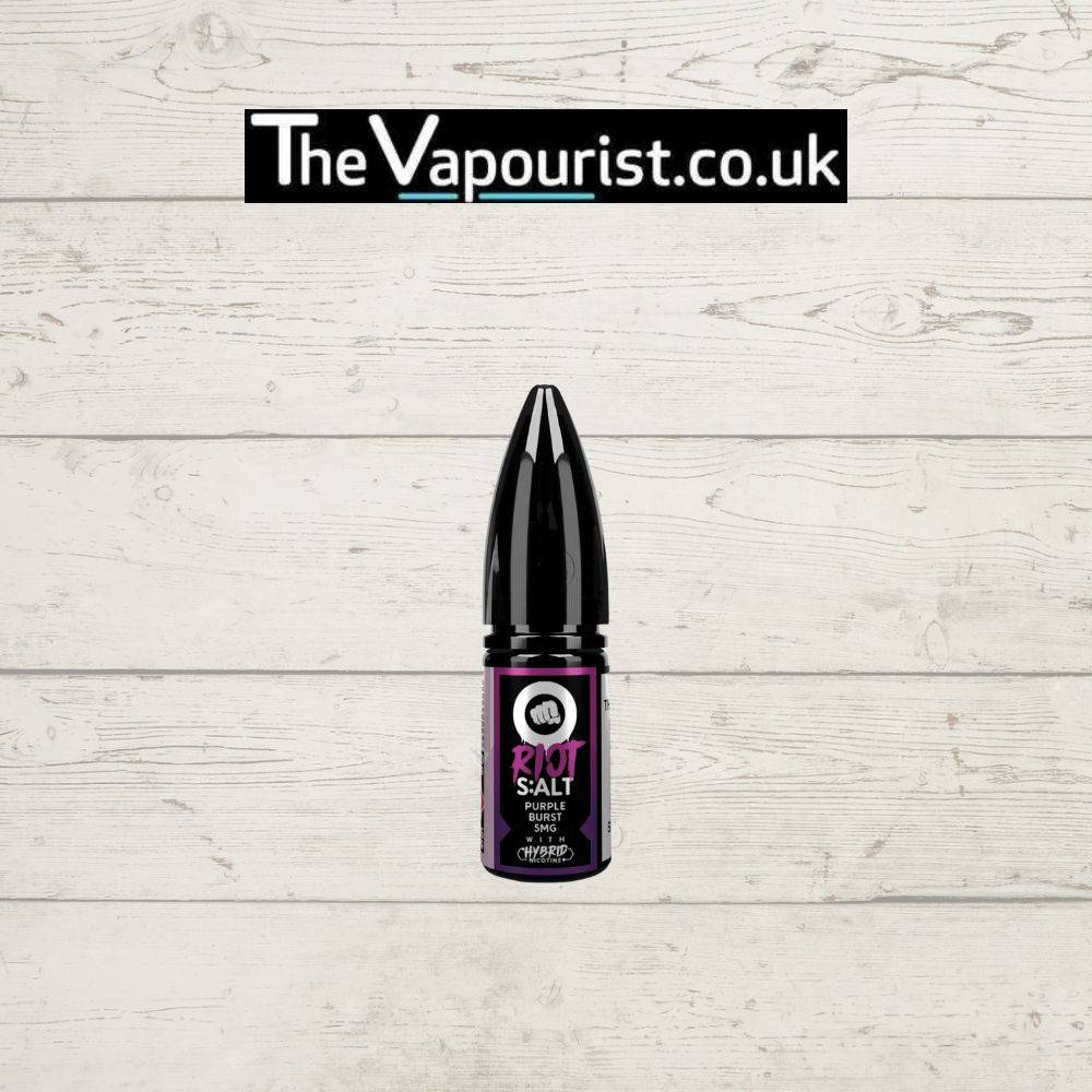 Riot Salt Purple Burst - fruity-meets-icy fusion Salt e-liquid bottle with blackcurrant and menthol flavor, displayed on a white wooden background.
