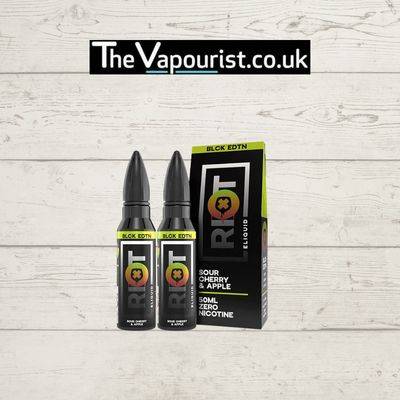 Riot BLK EDTN Sour Cherry & Apple 50ml Twin Pack e-liquid with bold packaging, featuring tangy fruit flavors for vaporizers and e-cigarettes.
