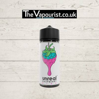 Unreal Raspberry Pink Bubblegum 100ml vape juice bottle with vibrant raspberry and bubblegum artwork, sold by The Vapourist.co.uk.