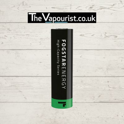 Fogstar 21700 Battery Cell - high-drain exceptional capacity, ideal for vaporizers and electronic cigarettes, shown with black and green design.