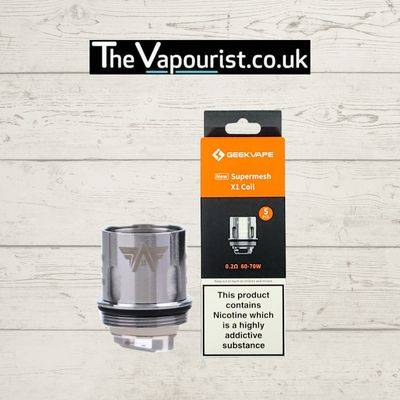 GEEKVAPE Super Mesh 0.2 Coils 5 Pack for enhanced flavour and vapour, compatible with 60-70W vaping devices, displayed with branded packaging.