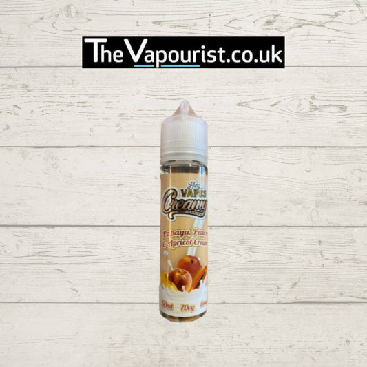 KOV Creamy Papaya, Peach & Apricot 50ml vape juice bottle with fruity label design, ideal for smooth and creamy vaping experience.