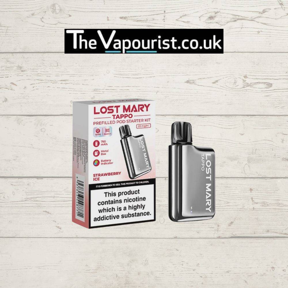 LOST MARY TAPPO Pod Kit Strawberry Ice with sleek black device and retail box, offering a refreshing all-day vape with sweet strawberry and menthol.