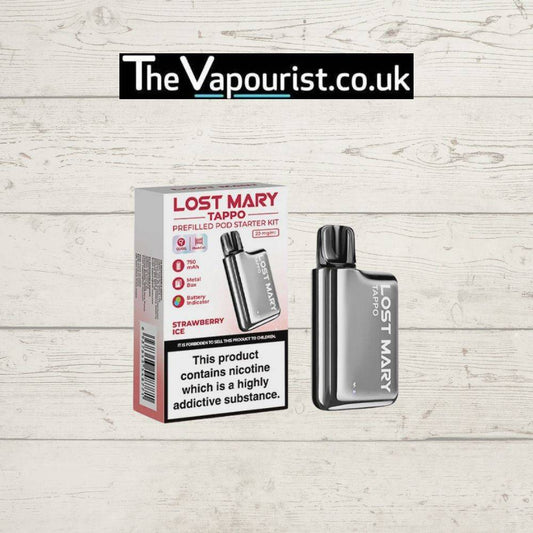 LOST MARY TAPPO Pod Kit Strawberry Ice with sleek black device and retail box, offering a refreshing all-day vape with sweet strawberry and menthol.
