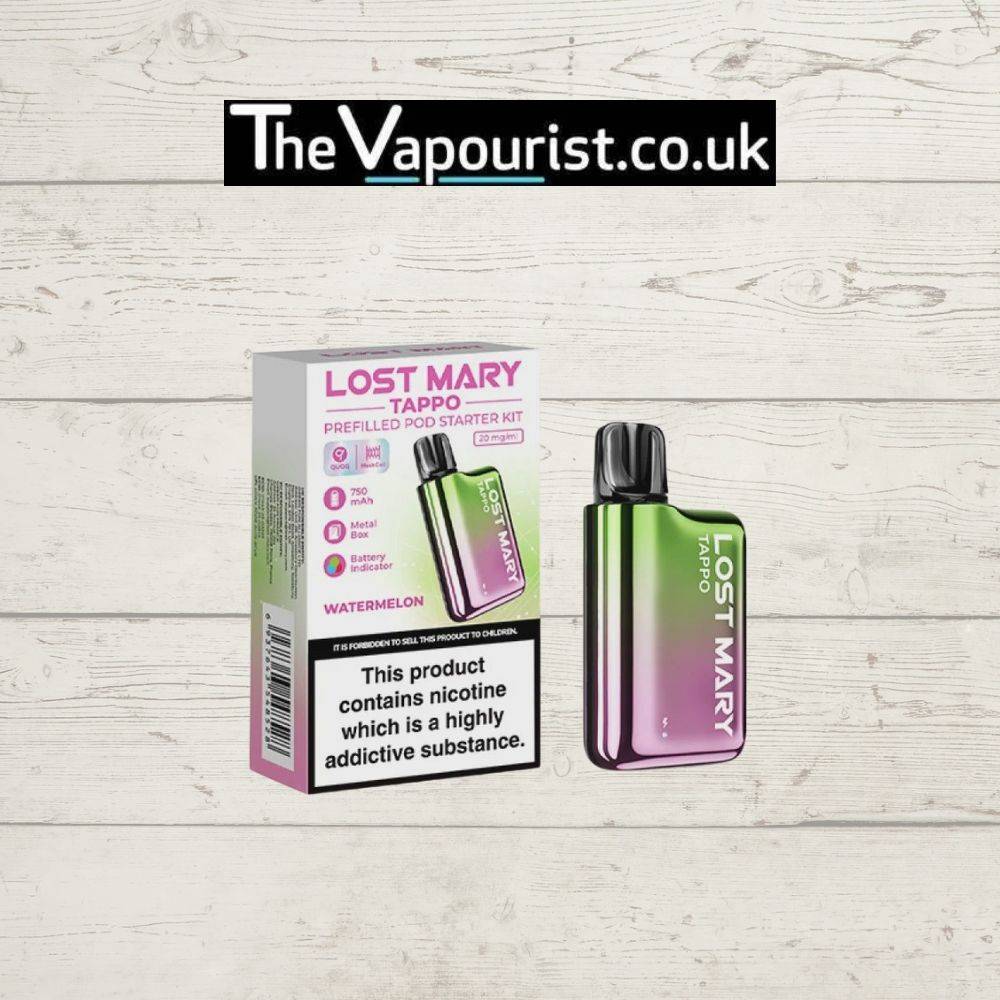 LOST MARY TAPPO Pod Kit Watermelon with sleek gradient design and packaging, offering a mouth-watering watermelon vape flavor experience.