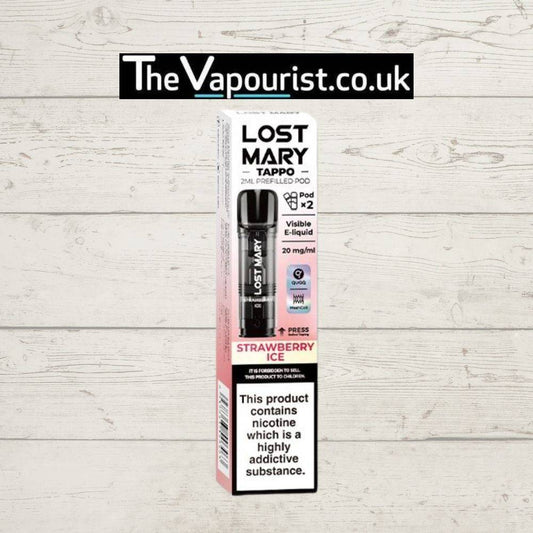 Lost Mary Tappo Pods Strawberry Ice 2ml refillable pod pack with 20mg/ml nicotine, offering classic fruity flavour and icy menthol finish.