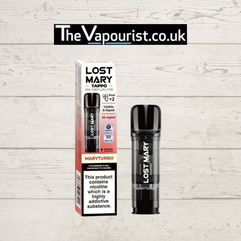 Lost Mary Tappo Pods Maryturbo with 2ml prefilled pod and 20mg/ml nicotine strength, offering an energising experience for vapers seeking bold flavour.