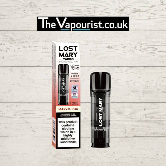 Lost Mary Tappo Pods Maryturbo with 2ml prefilled pod and 20mg/ml nicotine strength, offering an energising experience for vapers seeking bold flavour.